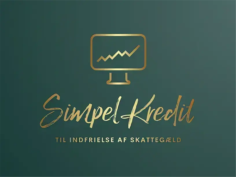 Et gyldent logo med ordene 'simpel kredit' på en grøn baggrund.